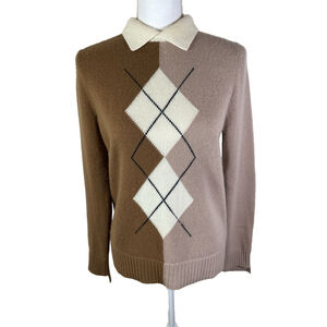 Arch4 Two Tone Brown 100% Cashmere Collared Argyle Sweater Sz XS